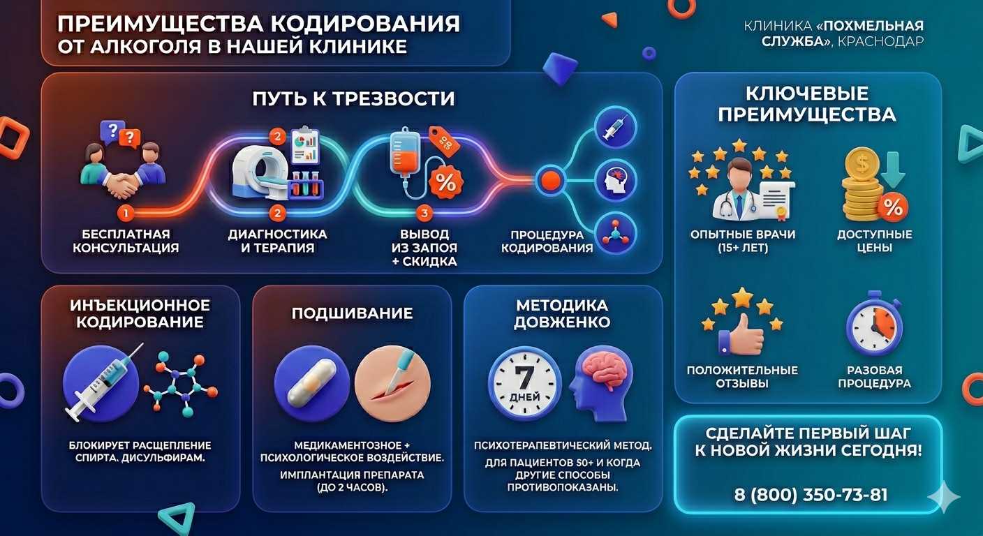 Инфографика о методах кодирования от алкоголя в Нижневартовске: инъекции, подшивание, метод Довженко. Преимущества клиники и этапы лечения.