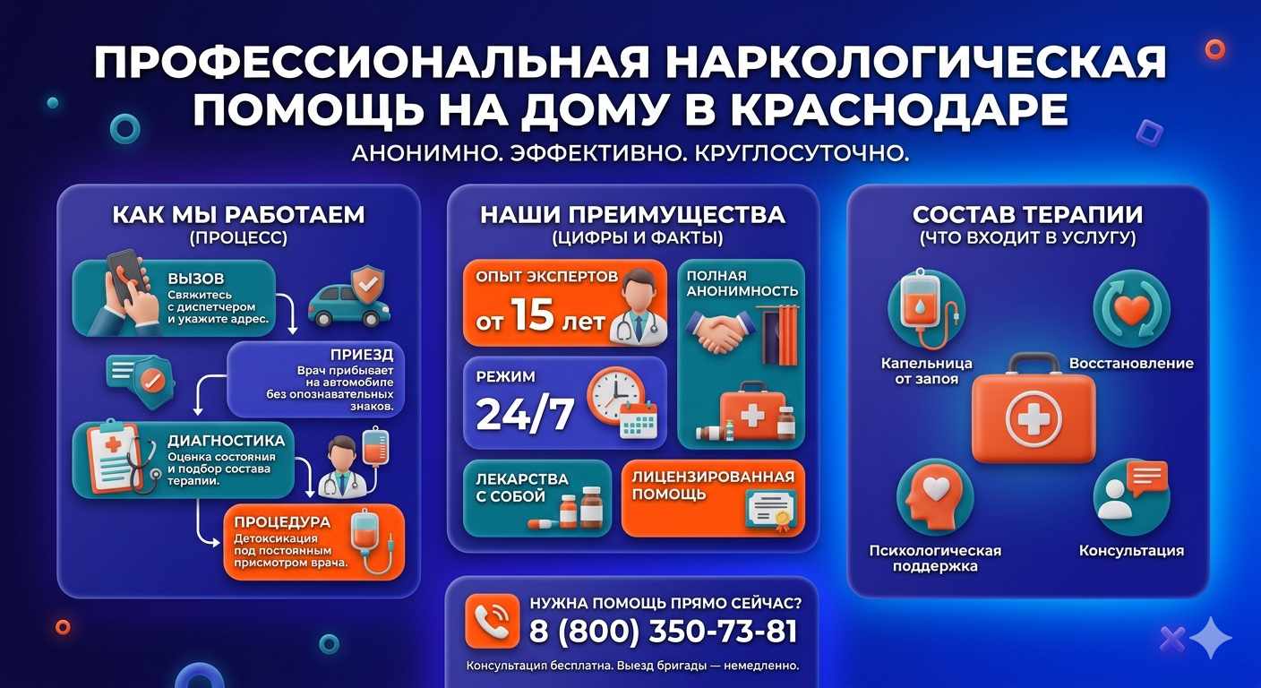 Инфографика о принципах лечения алкоголизма на дому в Нижневартовске: этапы вызова нарколога, преимущества анонимной детоксикации и состав медицинской помощи.